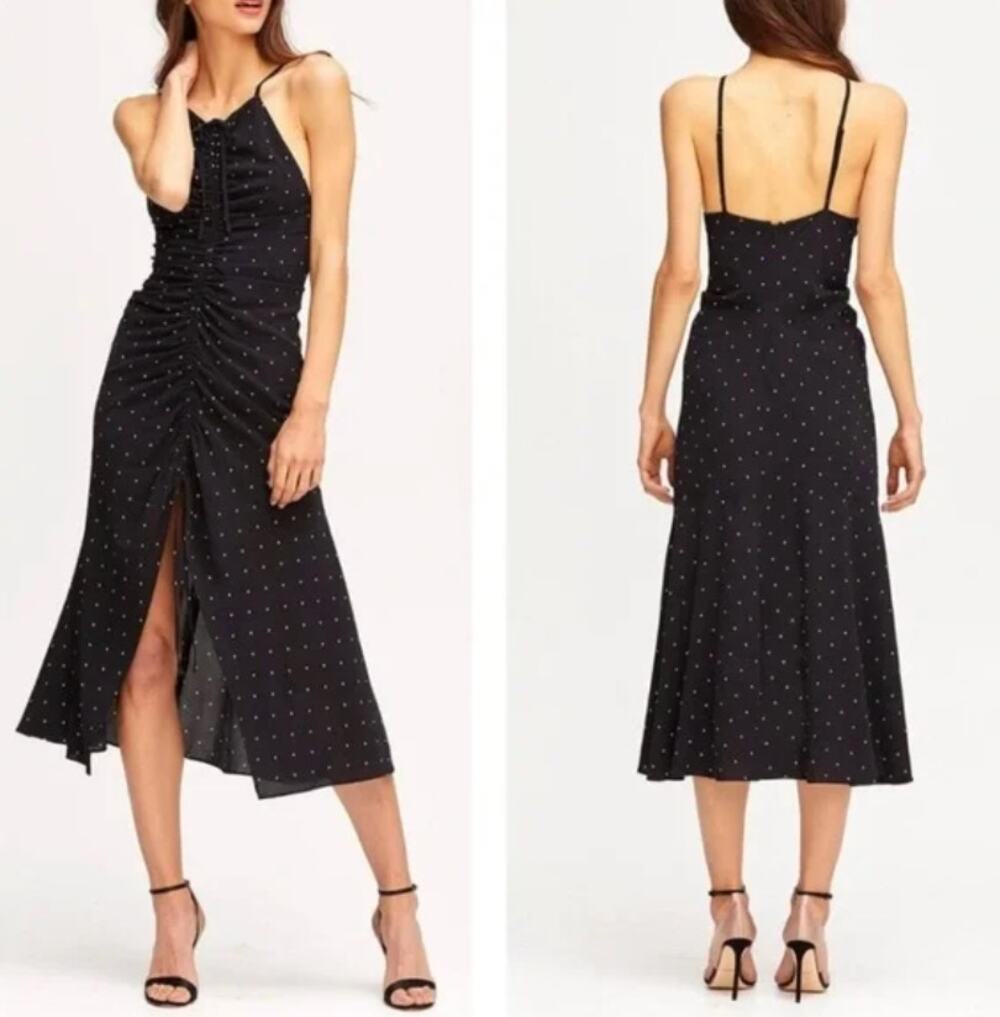 Alice McCall Dress Oscar Black White Polka Dot Ruched Midi Dress Slit sz US 4